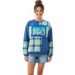 Upcycled Columbia PFG Patchwork Sweatshirt.  "True Blue"  One of a Kind.